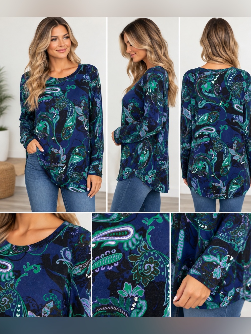 Liz Claiborne Women's blue paisley print long sleeve top size XL